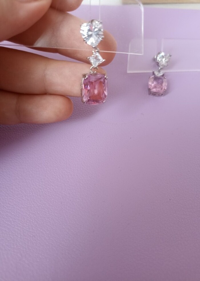 925 ayar Pembe taşlı sallantılı özel gün abiye küpesi  - Görsel 2