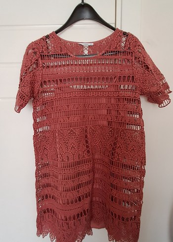 Kısa Kollu Dantel Detaylı Bohem Triko Elbise - Görsel 2