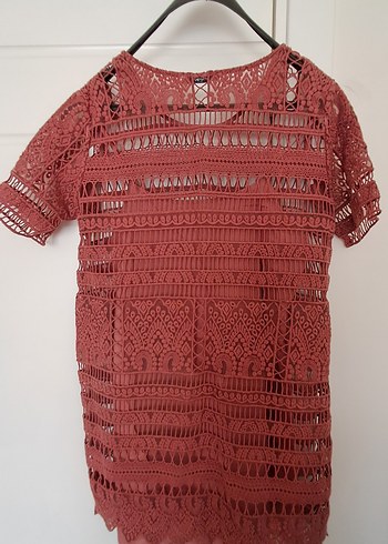 Kısa Kollu Dantel Detaylı Bohem Triko Elbise - Görsel 3