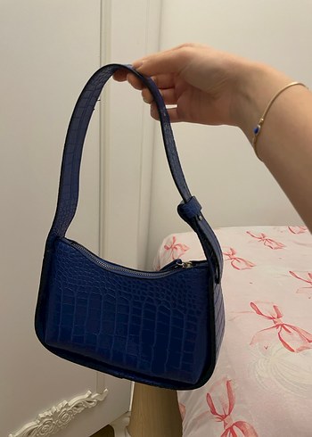 Koyu Mavi Deri Yılan Desenli Çanta - Görsel 2