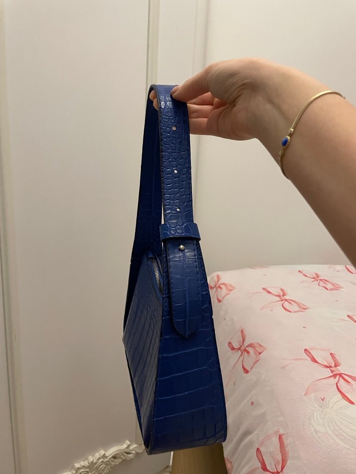 Koyu Mavi Deri Yılan Desenli Çanta - Görsel 3