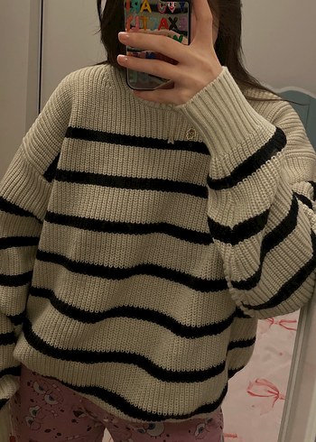 Bej Çizgili Örgü Kadın Kazak - Görsel 2