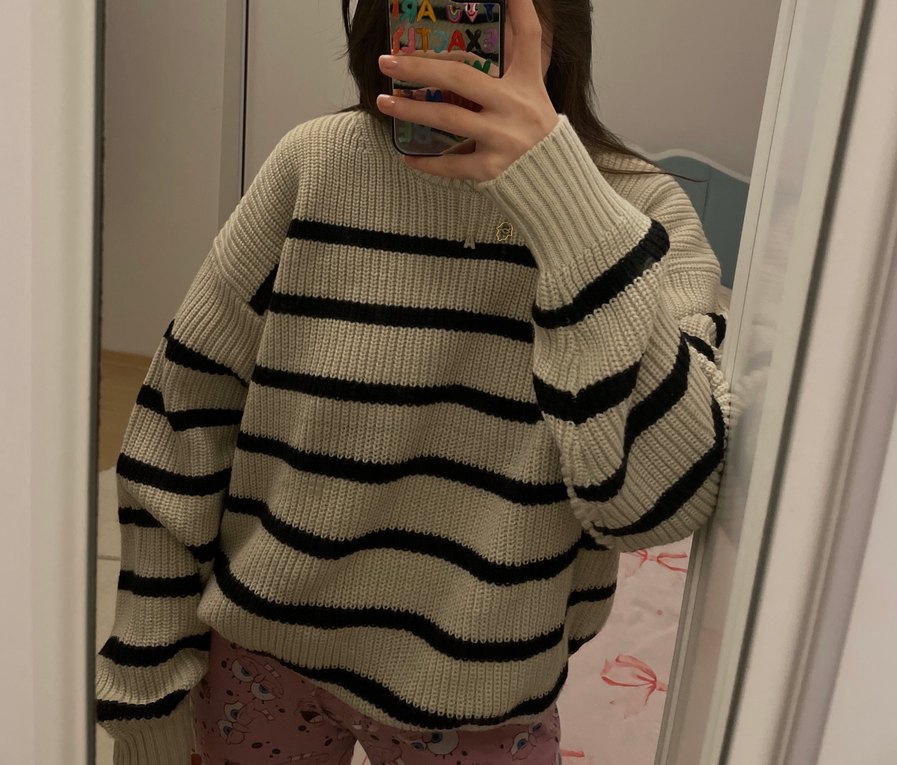 Bej Çizgili Örgü Kadın Kazak - Görsel 2