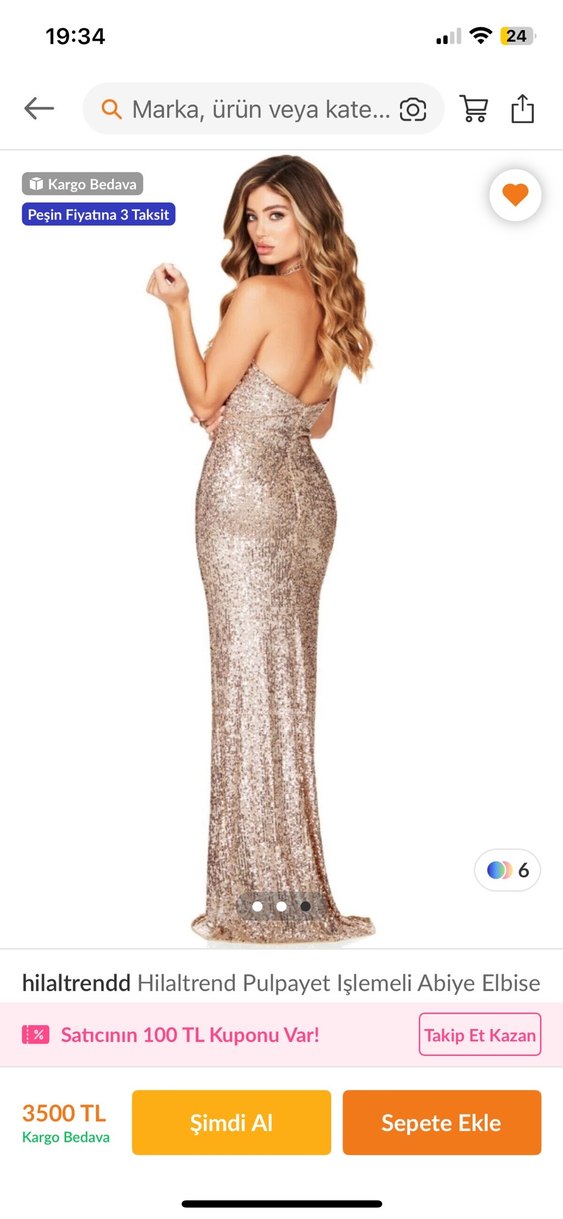 Altın Renkli Pul Payetli Uzun Abiye Elbise - Görsel 2