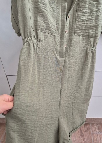 Düğmeli Kısa Keten Tulum - Görsel 2