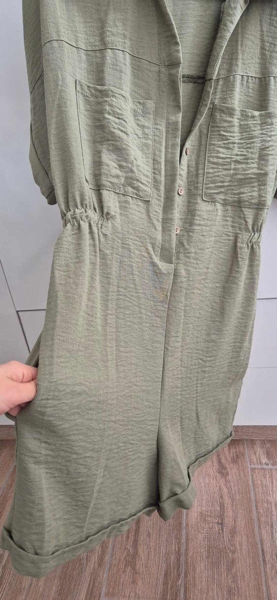 Düğmeli Kısa Keten Tulum - Görsel 2