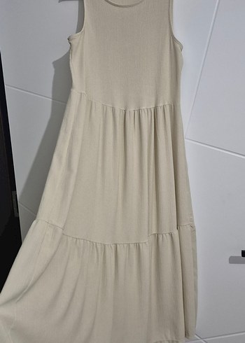 Bej Kolsuz Uzun Kadın Elbise - Görsel 2