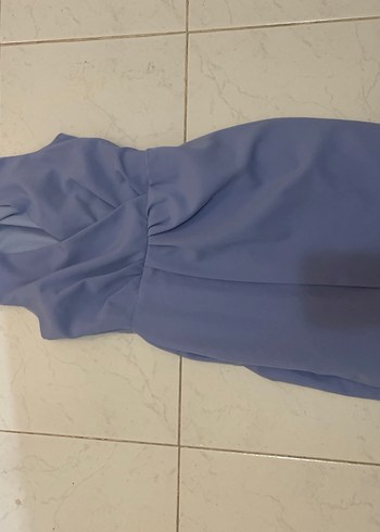 Mavi V Yaka Kolsuz Drapeli Kadın Elbise - Görsel 2