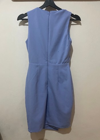 Mavi V Yaka Kolsuz Drapeli Kadın Elbise - Görsel 5