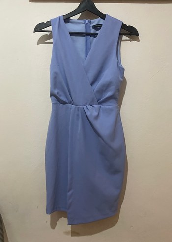 Mavi V Yaka Kolsuz Drapeli Kadın Elbise - Görsel 4