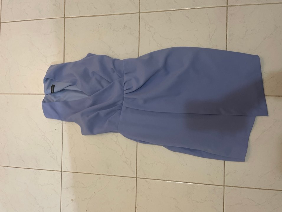 Mavi V Yaka Kolsuz Drapeli Kadın Elbise - Görsel 2