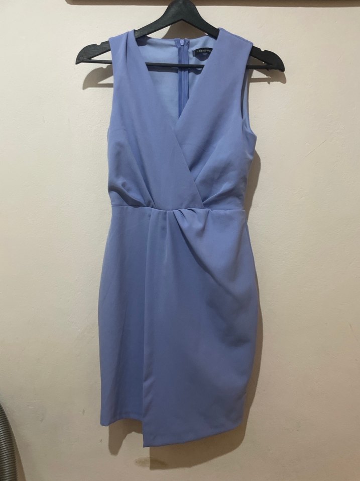 Mavi V Yaka Kolsuz Drapeli Kadın Elbise - Görsel 4