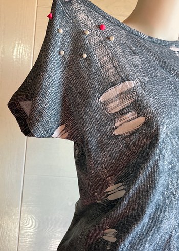 Düğmeli Gri Denim Hamile Tişörtü - Görsel 2