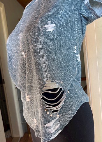 Düğmeli Gri Denim Hamile Tişörtü - Görsel 3