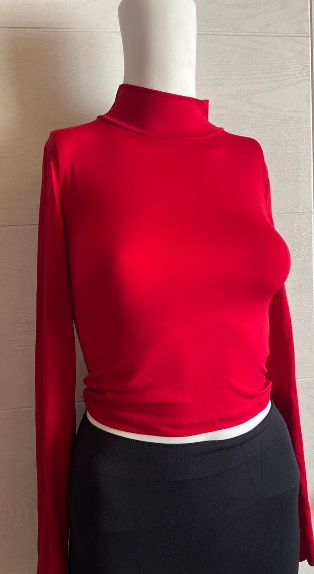 Kadın Kırmızı Yüksek Yaka İnce Triko - Görsel 2