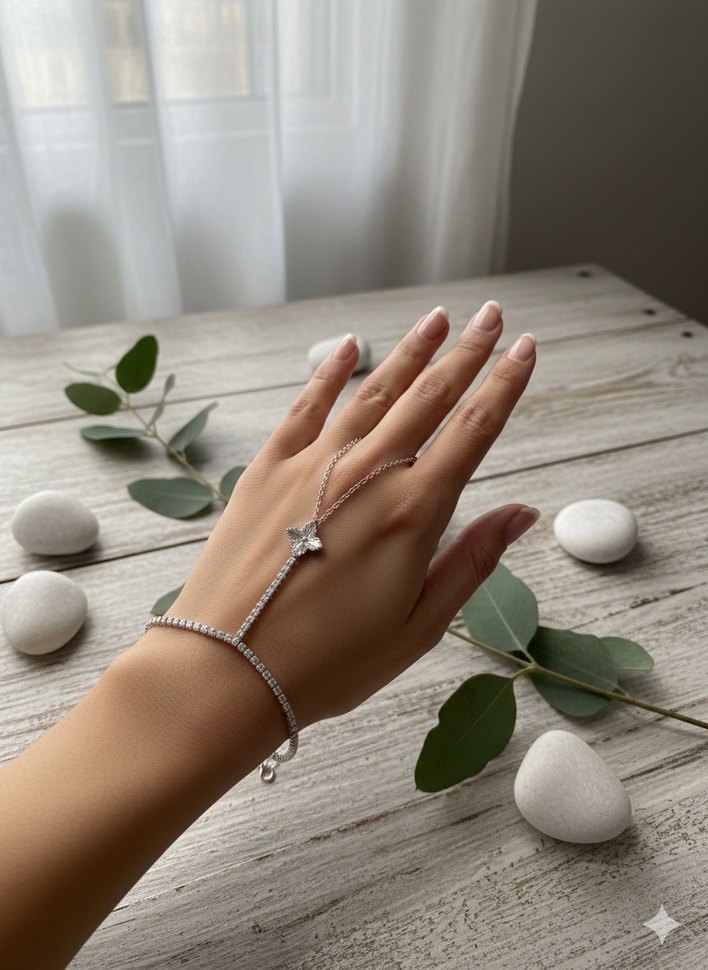 Zincir Detaylı Beyaz Yılan Desenli Kadın El Zinciri - Görsel 2