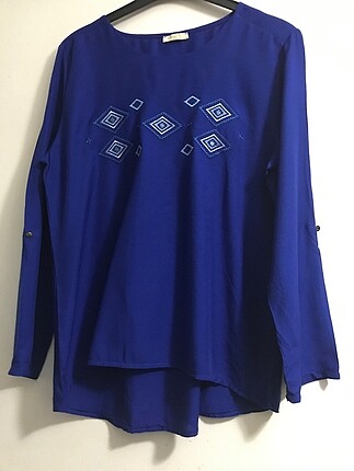 Saks mavi etnik desenli bluz#Yeni