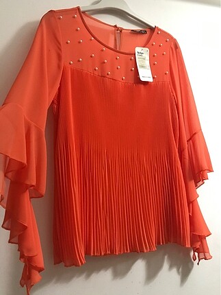 Zara Turuncu ön robası incili bluz#Yeni etiketli