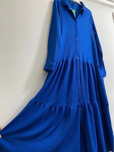 40 Beden Ketche mavi düğmeli pamuklu rahat elbise#Yeni