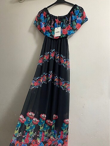 Zara model siyah çiçekli şifon madonna yaka elbise#Yeni etiketli