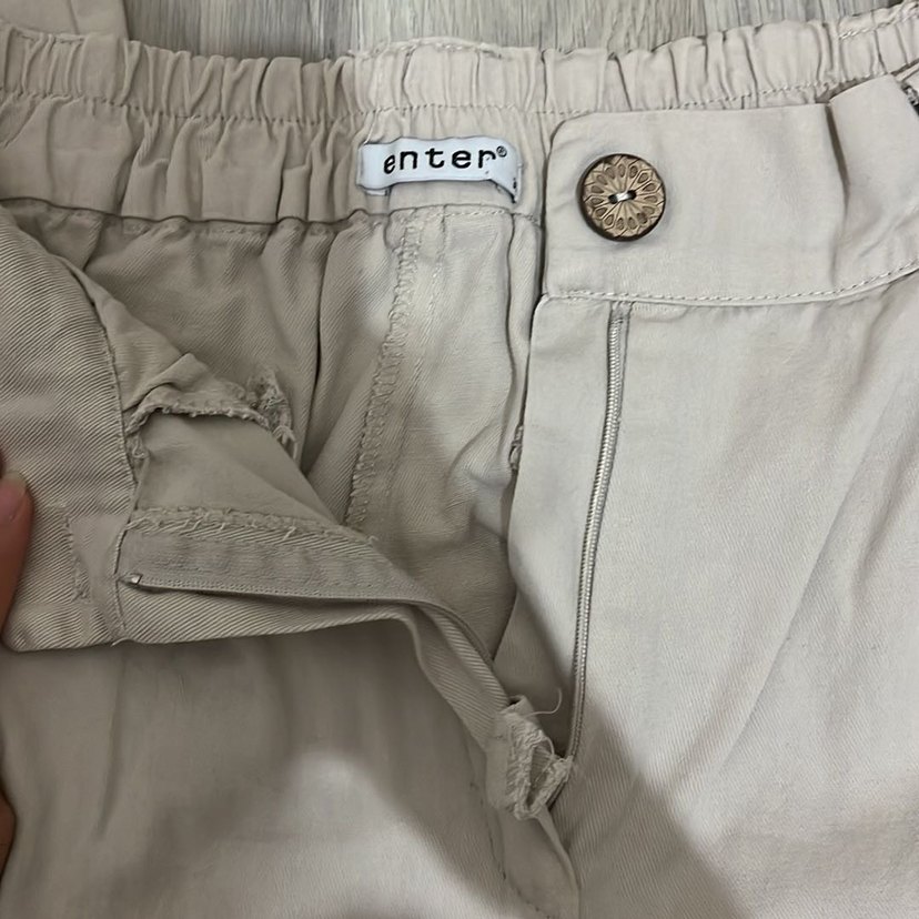 Bej Düğmeli Bol Kesim Keten Pantolon - Görsel 2