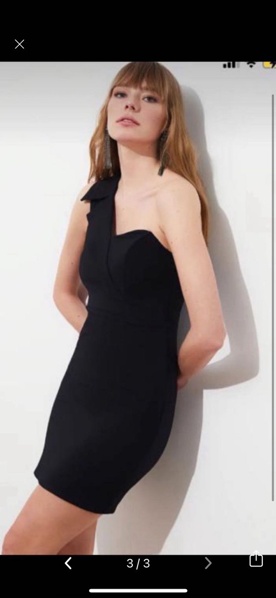 Siyah V Yakalı Drapeli Midi Elbise - Görsel 3