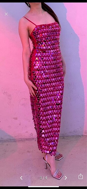 s Beden New arrivals model pembe pullu payetli midi abiye elbise