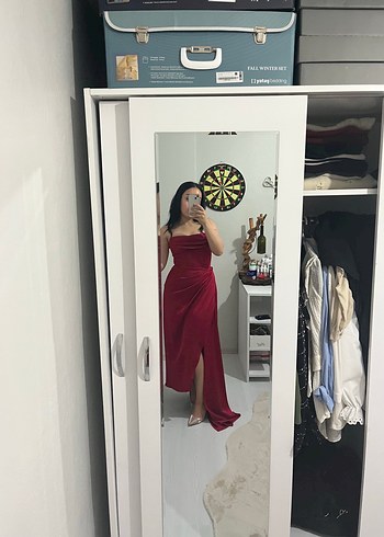 m Beden bordo Renk Bordo Drapeli Uzun Straplez Elbise