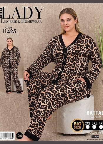 Büyük Beden Leopar Desenli Kadın Pijama Takımı