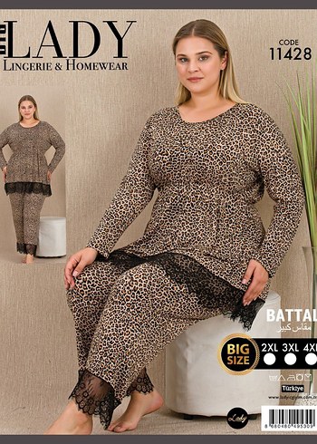 Kadın Leopar Desenli Uzun Kollu Büyük Beden Pijama