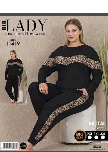 Büyük Beden Siyah Leopar Desenli Kadın Pijama Takımı