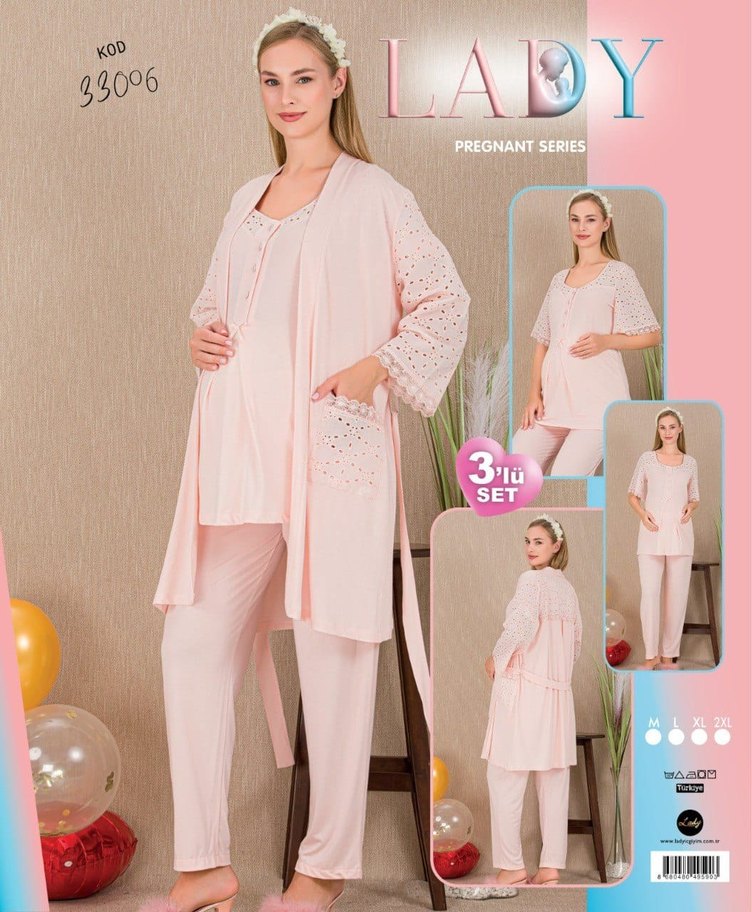 Nakışlı Beyaz Hamile Gecelik V Yaka - Görsel 4