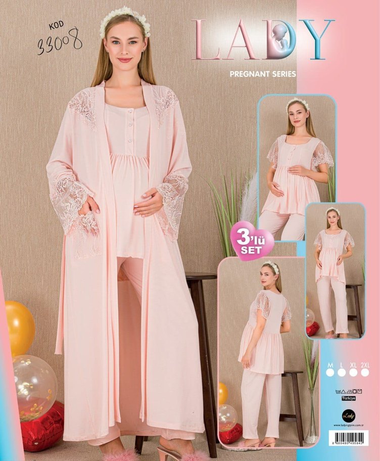 Nakışlı Beyaz Hamile Gecelik V Yaka - Görsel 2