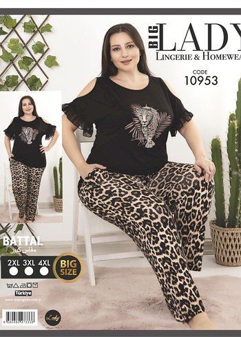 Leopar Desenli Siyah Kadın Pijama Takımı