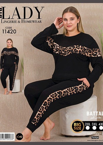 Siyah Leopar Desenli Büyük Beden Kadın Pijama Takımı