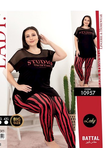 Diğer Büyük Beden Siyah Zebra Desenli Kısa Kollu Pijama