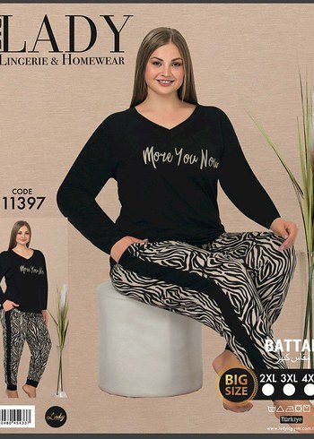 48 Beden Siyah Zebra Desenli Kadın Uzun Kollu Pijama Takımı