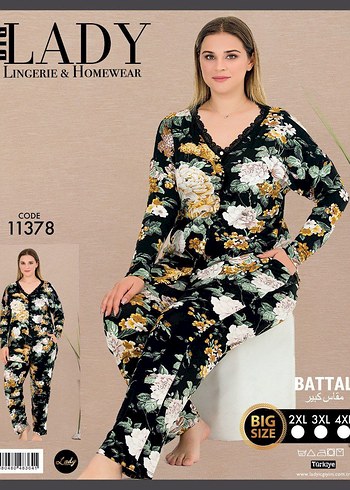 Siyah Çiçek Desenli Uzun Kollu Kadın Pijama Takımı