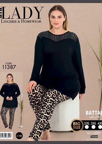 50 Beden Siyah Çiçek Desenli Kadın Pijama Takımı