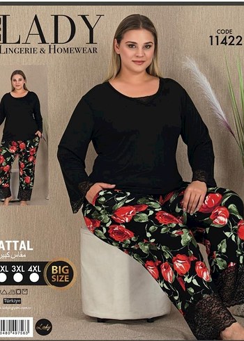 Siyah Çiçek Desenli Uzun Kollu Kadın Pijama Takımı