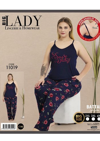44 Beden Lacivert Bağlamalı Desenli Uzun Kadın Pijama Takımı