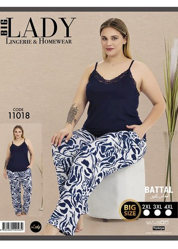 Lacivert Bağlamalı Desenli Uzun Kadın Pijama Takımı