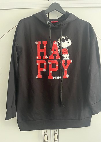 Siyah Kapüşonlu Baskılı Kadın Sweatshirt