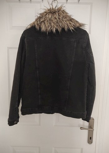 Kadın Gri Kot Ceket, Kürklü Yaka, Uzun Kollu - Görsel 2