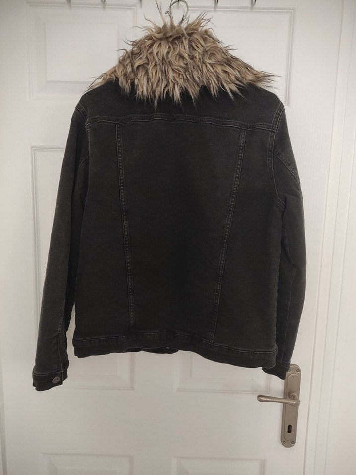 Kadın Gri Kot Ceket, Kürklü Yaka, Uzun Kollu - Görsel 2