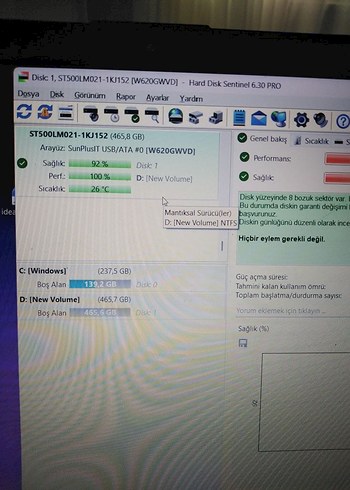  Beden Seagate 500GB %92 sağlıklı Laptop İnce HDD