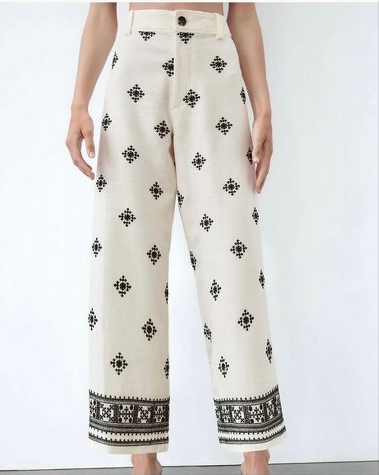 Beyaz Siyah Desenli Bol Kesim Kemerli Pantolon - Görsel 2