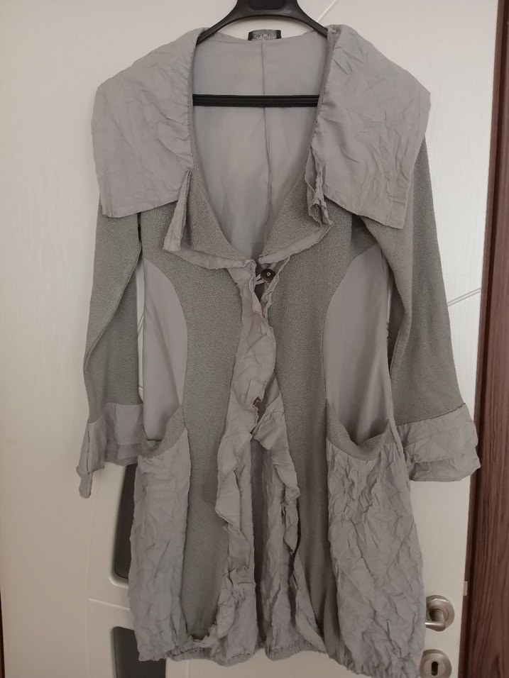 Gri Uzun Keten Hamile Ceketi - Görsel 5