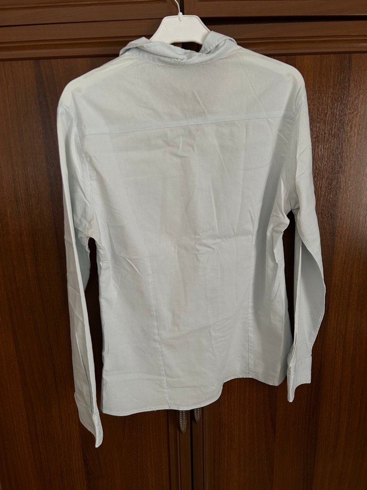 Düğmeli mavi Keten Kadın Gömlek - Görsel 3