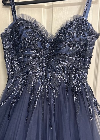 Nakışlı Uzun Askılı Mavi Nişan Elbisesi - Görsel 4